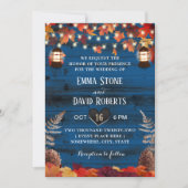 Rustic Autumn Leaves Lantern Navy Barn Wedding Invitation (Front)