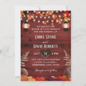 Rustic Autumn Leaves Lantern Red Barn Wedding Invitation (Front)