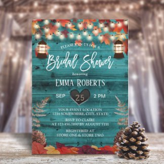Rustic Autumn Leaves Lantern Teal Bridal Shower Invitation
