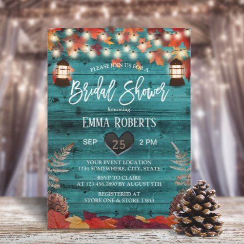 Rustic Autumn Leaves Lantern Teal Bridal Shower Invitation