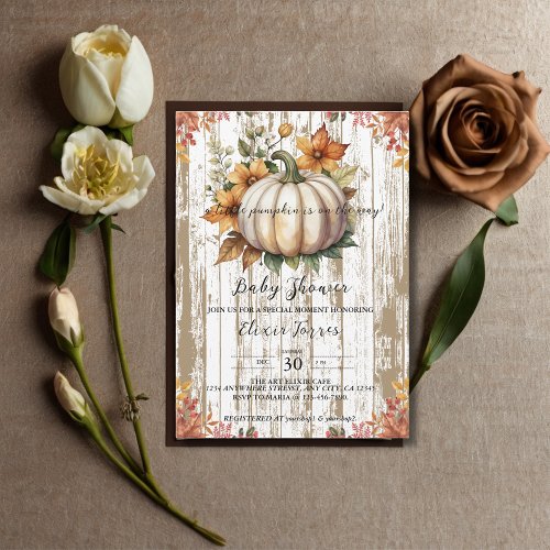 Rustic Autumn Leaves Little Pumpkin Baby Shower Invitation