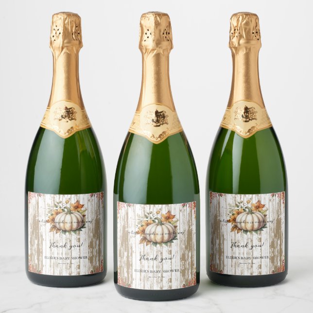 Rustic Autumn Leaves Little Pumpkin Baby Shower Sparkling Wine Label (Bottles)