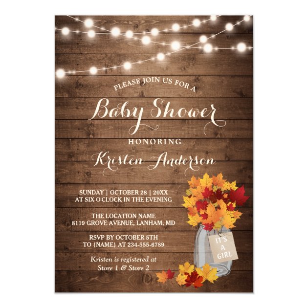 Rustic Autumn Leaves Mason Jar Lights Baby Shower Invitation
