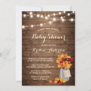 Rustic Autumn Leaves Mason Jar Lights Baby Shower Invitation