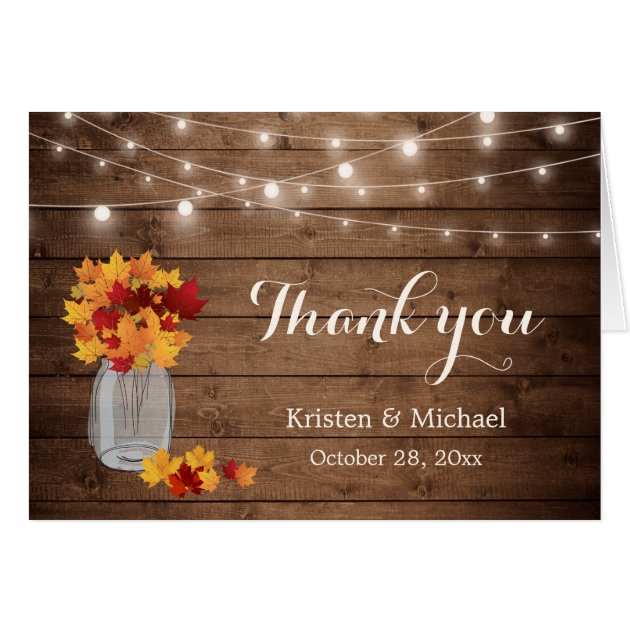 Rustic Autumn Leaves Mason Jar Lights Thank You Card