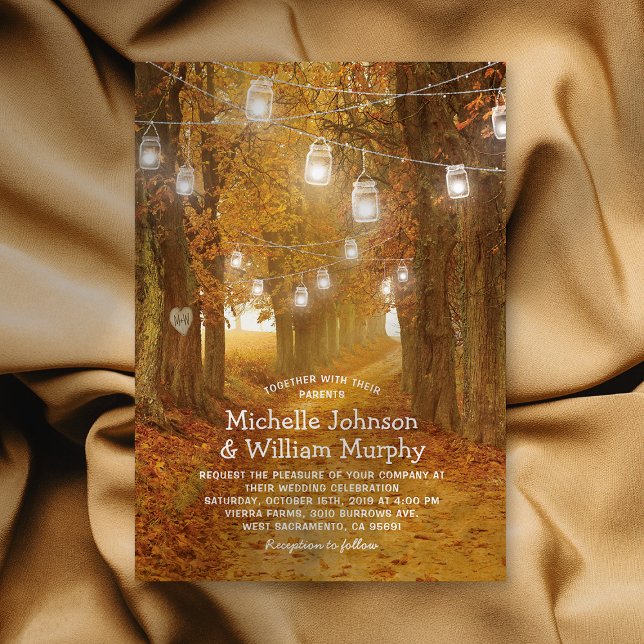 Rustic Autumn Leaves Mason Jar Lights Wedding Invitation (Creator Uploaded)