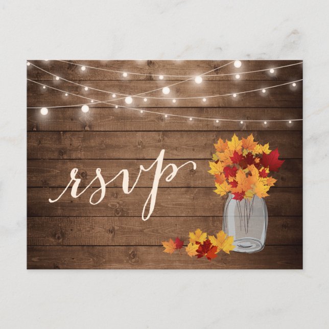 Rustic Autumn Leaves Mason Jar String Lights RSVP Invitation Postcard (Front)