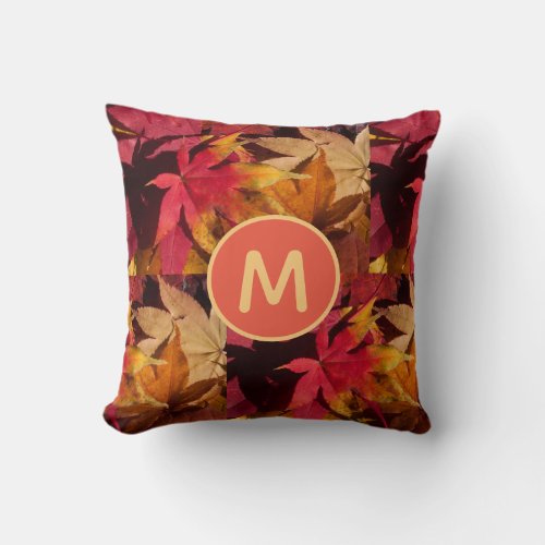Rustic Autumn Leaves Monogram Name Initial Throw Pillow