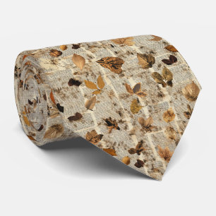Rustic Autumn Leaves on Vintage Newspaper Neck Tie