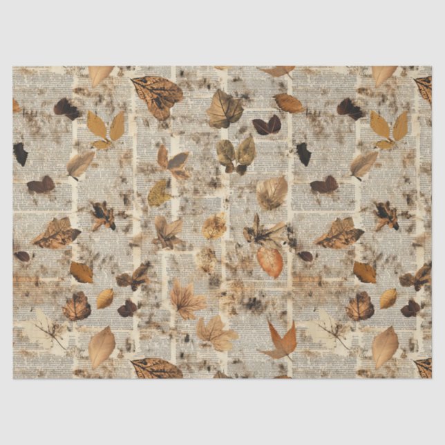 Rustic Autumn Leaves on Vintage Newspaper Tissue Paper (Front)