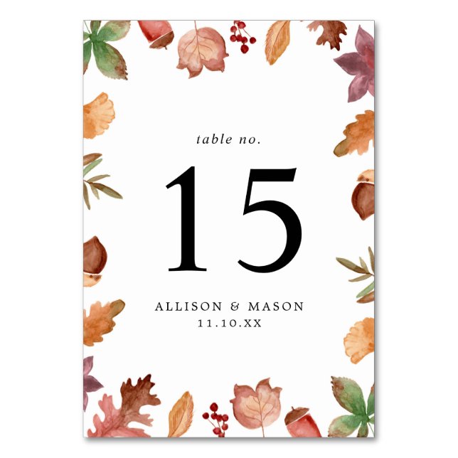 Rustic Autumn Leaves Personalized Wedding Table Number (Front)