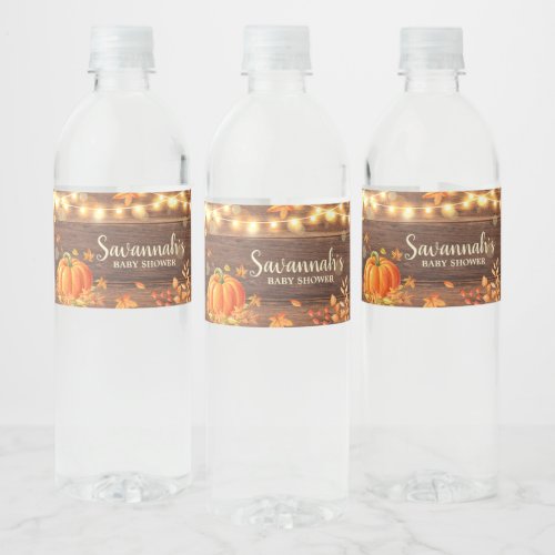 Rustic Autumn Leaves Pumpkin Baby Shower Water Bottle Label