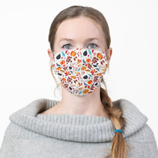 Rustic Autumn Leaves Pumpkin Pattern Adult Cloth Face Mask (Worn)