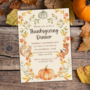 Rustic Autumn Leaves Pumpkin Thanksgiving Dinner Invitation
