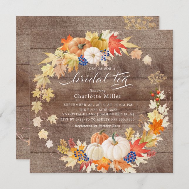 Rustic Autumn Leaves Pumpkins Bridal Tea Invitation (Front/Back)