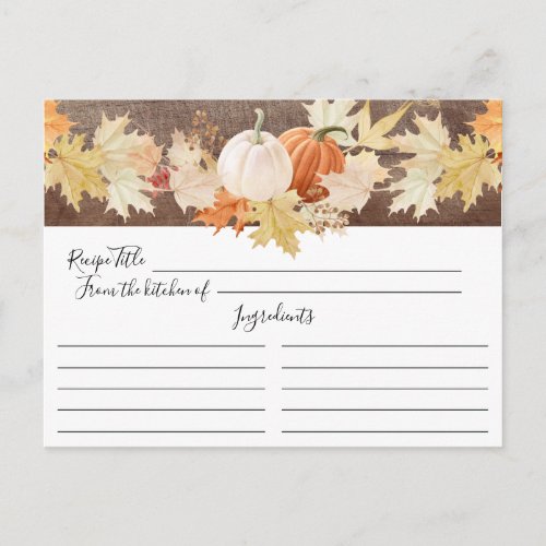 Rustic Autumn Leaves Pumpkins Floral Recipe Card