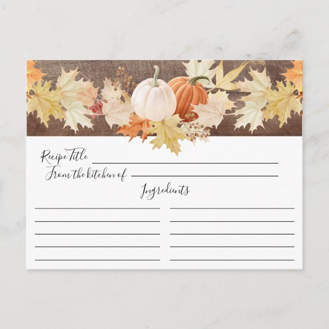 Rustic Autumn Leaves Pumpkins Floral Recipe Card (Front)
