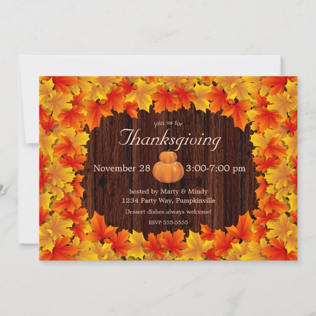 Rustic Autumn Leaves, pumpkins Thanksgiving Invitation (Front)