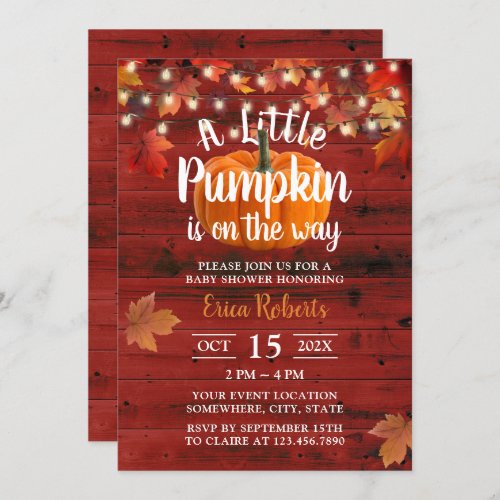 Rustic Autumn Leaves Red Barn Pumpkin Baby Shower Invitation