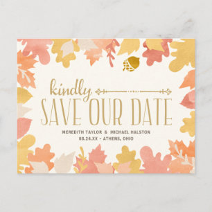 Rustic Autumn Leaves Save the Date Announcement Postcard
