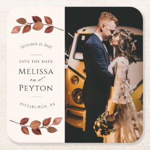 Rustic Autumn Leaves Save the Date Square Paper Coaster