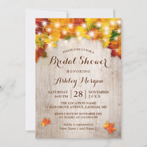 Rustic Autumn Leaves String Lights Bridal Shower Invitation