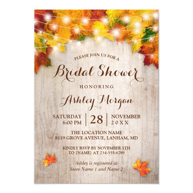 Rustic Autumn Leaves String Lights Bridal Shower Invitation