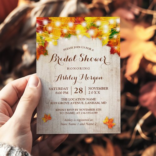 Rustic Autumn Leaves String Lights Bridal Shower Invitation