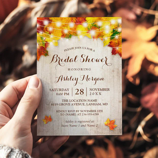 Rustic Autumn Leaves String Lights Bridal Shower Invitation | Zazzle