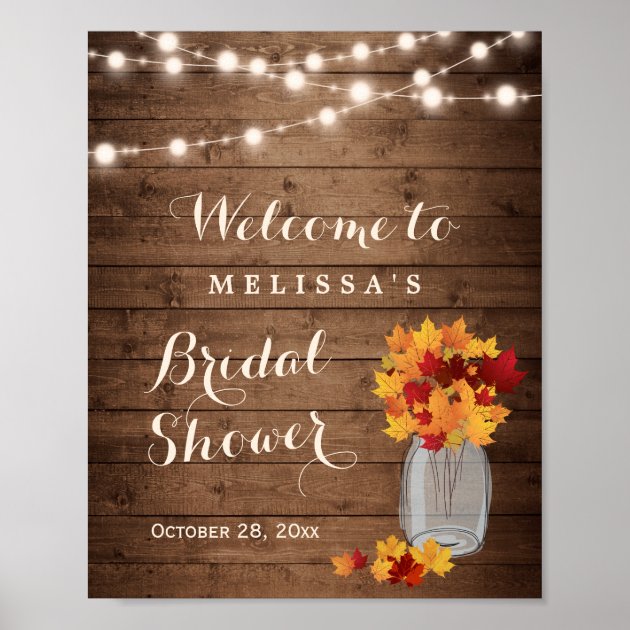 Rustic Autumn Leaves String Lights Bridal Shower Poster