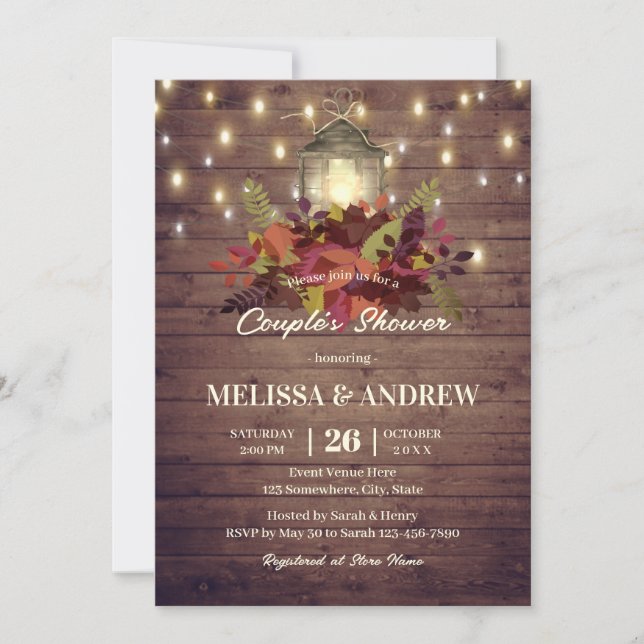 Rustic Autumn Leaves String Lights Couple's Shower Invitation (Front)