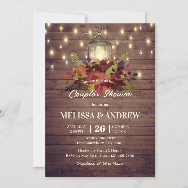 Rustic Autumn Leaves String Lights Couple's Shower Invitation | Zazzle