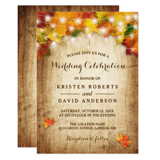 Rustic Autumn Leaves String Lights Fall Wedding Invitation