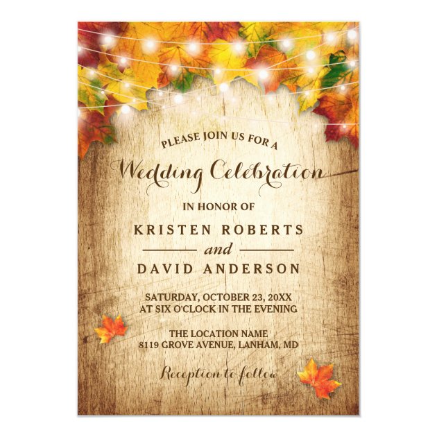 Rustic Autumn Leaves String Lights Fall Wedding Invitation