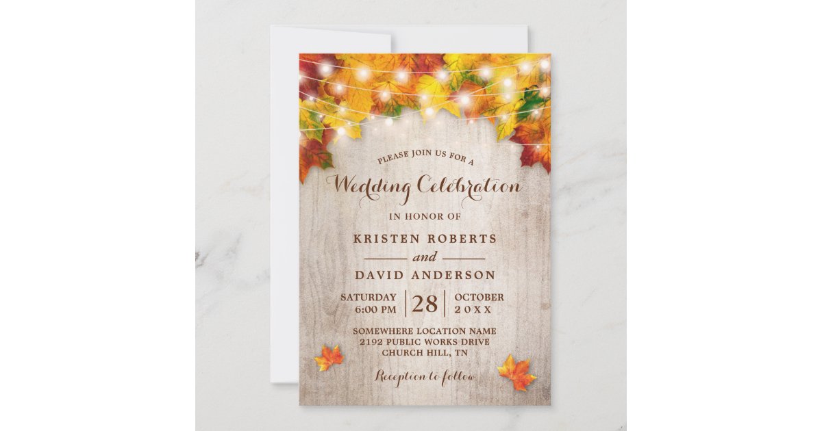 Rustic Autumn Leaves String Lights Fall Wedding Invitation | Zazzle