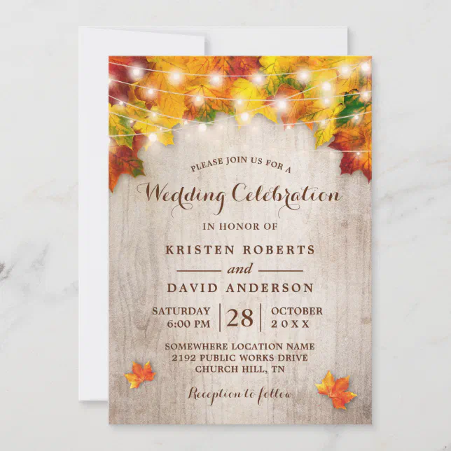 Rustic Autumn Leaves String Lights Fall Wedding Invitation | Zazzle