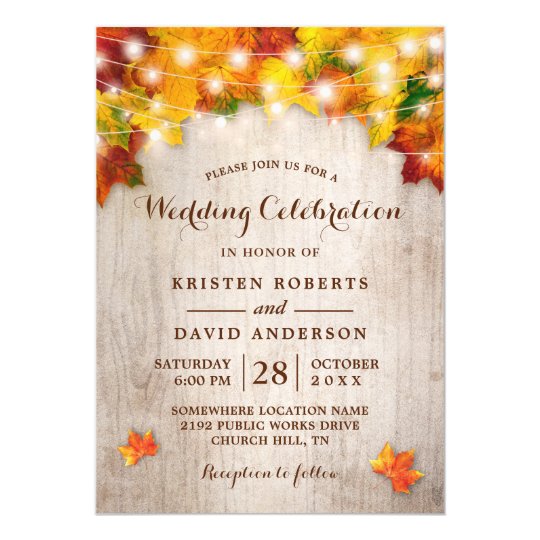 Rustic Autumn Leaves String Lights Fall Wedding Invitation