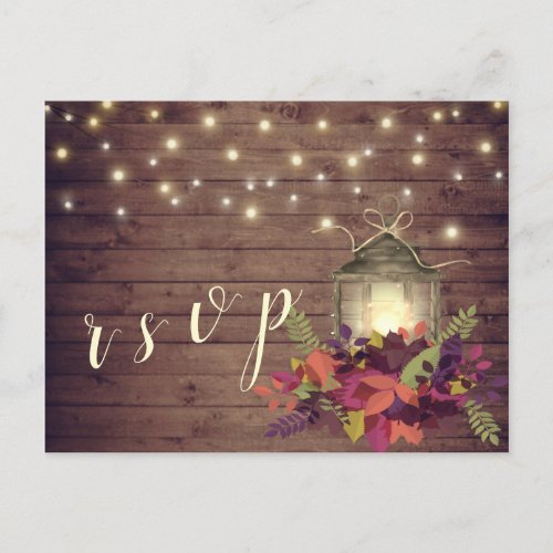 Rustic Autumn Leaves String Lights Lantern RSVP Invitation Postcard