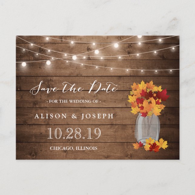 Rustic Autumn Leaves String Lights Save the Date Announcement Postcard (Front)