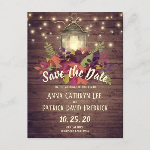 Rustic Autumn Leaves String Lights Save the Date Announcement Postcard