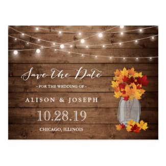 Rustic Autumn Leaves String Lights Save the Date Postcard