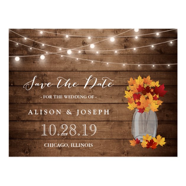 Rustic Autumn Leaves String Lights Save The Date Postcard