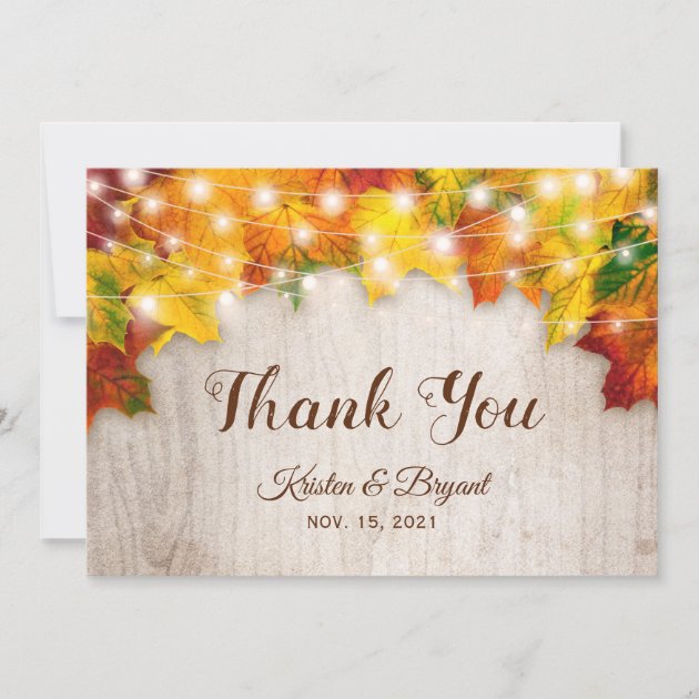 Rustic Autumn Leaves String Lights Thank You Card
