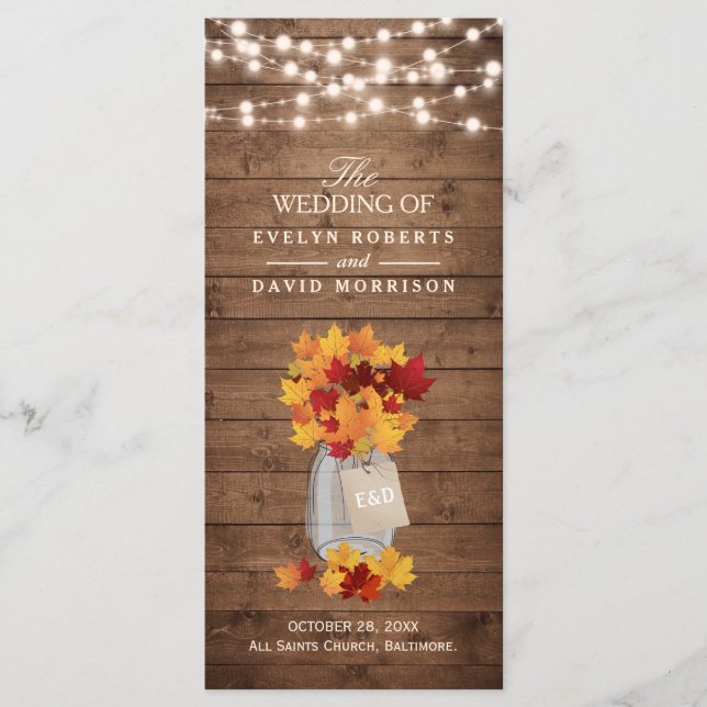 Rustic Autumn Leaves String Lights Wedding Program (Front)