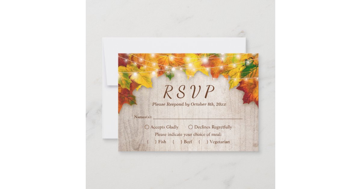 Rustic Autumn Leaves String Lights Wedding RSVP Card | Zazzle