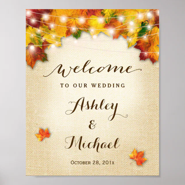 Rustic Autumn Leaves String Lights Wedding Sign | Zazzle