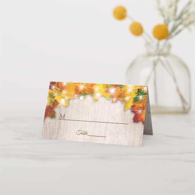 Rustic Autumn Leaves String Lights Wedding Table Place Card (Front)