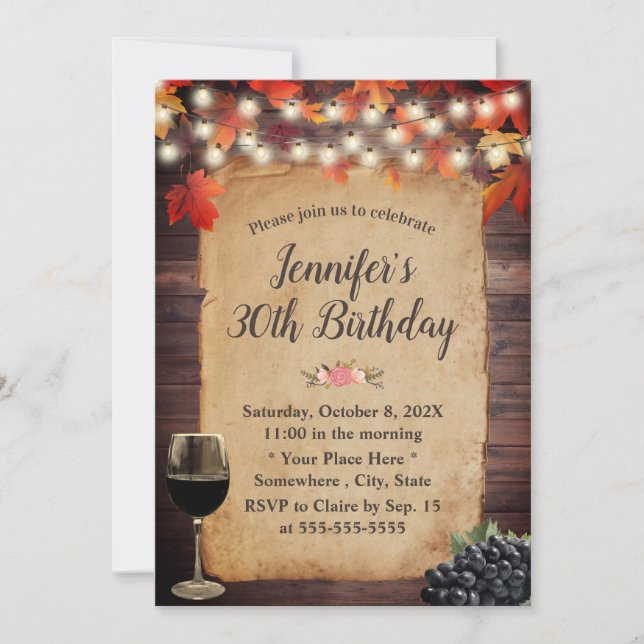 Rustic Autumn Leaves String Lights Wine Birthday Invitation (Front)
