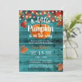 Rustic Autumn Leaves Teal Barn Pumpkin Baby Shower Invitation (Standing Front)