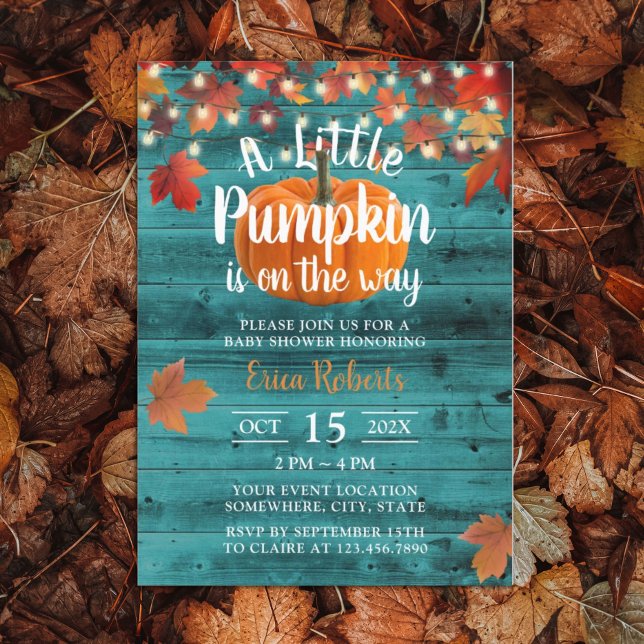 Rustic Autumn Leaves Teal Barn Pumpkin Baby Shower Invitation